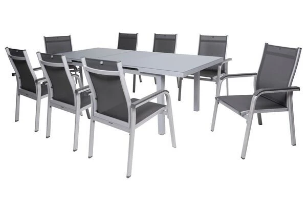 KETTLER BasicPlus Esstischgarnitur, Silber, Alu/Textilene, Tisch 180/240x100cm, 8 Stapelsessel 14 KETTLER BasicPlus Esstischgarnitur, Silber, Alu/Textilene, Tisch 180/240x100cm, 8 Stapelsessel – Bild 12