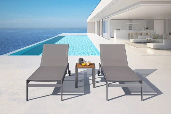 OUTFLEXX 2er-Set Rollliege, Taupe, Edelstahl/Teak, 212x71x36cm, Mit Beistelltisch 45x45cm 4 OUTFLEXX 2er-Set Rollliege, Taupe, Edelstahl/Teak, 212x71x36cm, Mit Beistelltisch 45x45cm – Bild 2