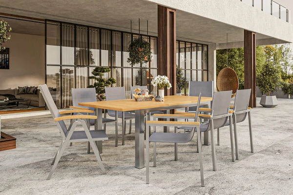 OUTFLEXX Set, Taupe, 150 X 90 Cm, Edelstahl/Teak, Ausziehtisch, 6 Stühle, 2 Multipositionssessel 3 OUTFLEXX Set, Taupe, 150 X 90 Cm, Edelstahl/Teak, Ausziehtisch, 6 Stühle, 2 Multipositionssessel