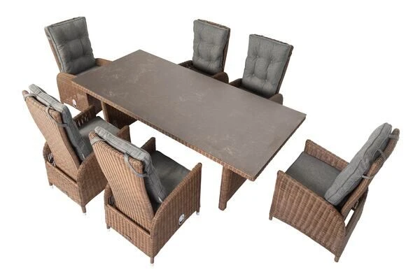 OUTFLEXX Dining Set, Hellbraun, Polyrattan, Tisch 200x95cm, Spraystone, 6mm, 6 Dining Sessel, Verstellbar 16 OUTFLEXX Dining Set, Hellbraun, Polyrattan, Tisch 200x95cm, Spraystone, 6mm, 6 Dining Sessel, Verstellbar – Bild 14