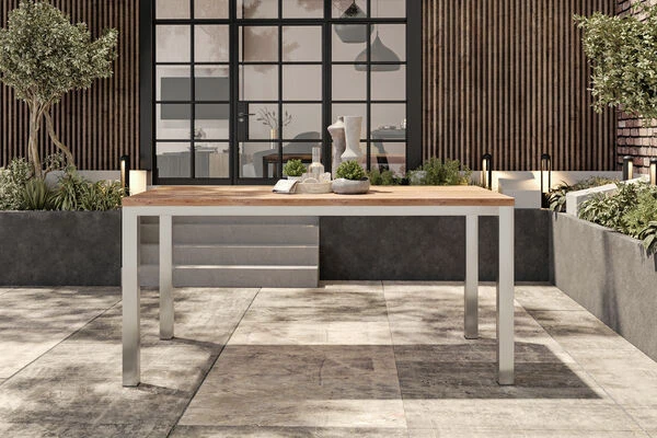 OUTFLEXX Esstisch, Silber/natur, Edelstahl/ Recyceltes FSC®-Teakholz, 200x100cm, Rustikal Gebürstet 4 OUTFLEXX Esstisch, Silber/natur, Edelstahl/ Recyceltes FSC®-Teakholz, 200x100cm, Rustikal Gebürstet – Bild 2