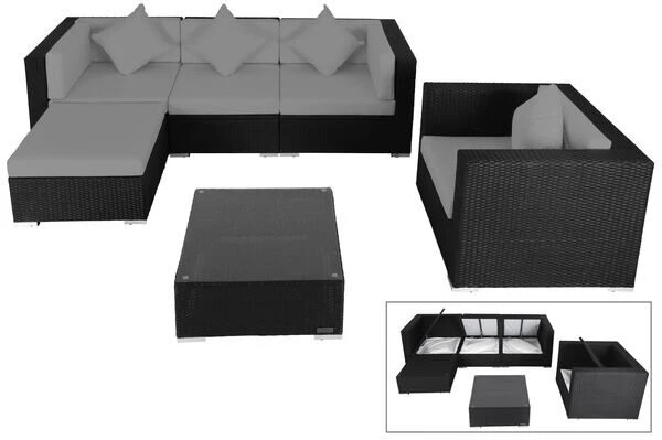 OUTFLEXX Loungemöbel, Schwarz, Polyrattan, Für 5 Personen, Inkl. Kaffeetisch, Kissenboxfunktion 3 OUTFLEXX Loungemöbel, Schwarz, Polyrattan, Für 5 Personen, Inkl. Kaffeetisch, Kissenboxfunktion