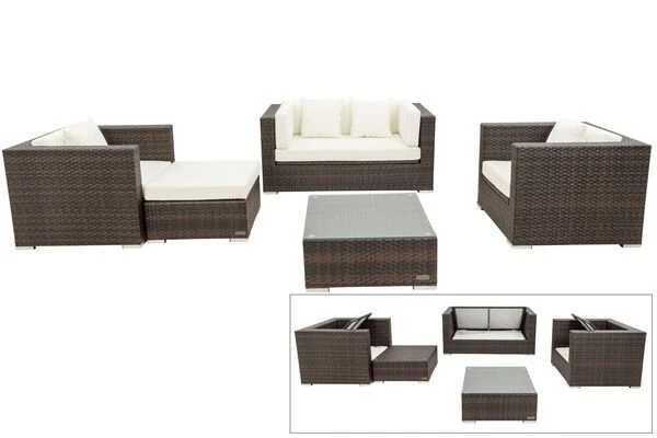 OUTFLEXX Loungemöbel-Set, Polyrattan, Braun Marmoriert, 5 Pers, Wasserfeste Kissenbox, Inkl. Beistelltisch 3 OUTFLEXX Loungemöbel-Set, Polyrattan, Braun Marmoriert, 5 Pers, Wasserfeste Kissenbox, Inkl. Beistelltisch