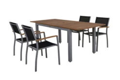 VILLANA Esstischgarnitur, Silber/schwarz, Alu / FSC-Akazienholz, Ausziehtisch 150/200 Cm, 4 Stapelsessel