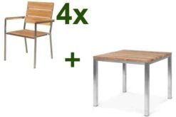 OUTFLEXX Esstischgarnitur, Silber, Edelstahl / FSC-Teakholz, Tisch 90 X 90 Cm, 4 Stapelsessel