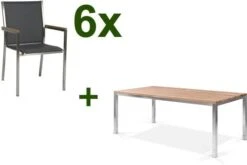 STERN Polaris Esstischgruppe, Silbergrau, Edelstahl/recycled Teak, Tisch 200 X 100 Cm, 6 Stapelsessel