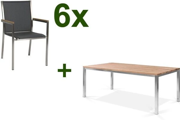 STERN Polaris Esstischgruppe, Silbergrau, Edelstahl/recycled Teak, Tisch 200 X 100 Cm, 6 Stapelsessel 3 STERN Polaris Esstischgruppe, Silbergrau, Edelstahl/recycled Teak, Tisch 200 X 100 Cm, 6 Stapelsessel