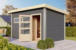 KARIBU Saunahaus Skrollan 3, Fichtenholz 38mm, Fronteinstieg, Ca. 8,8m²