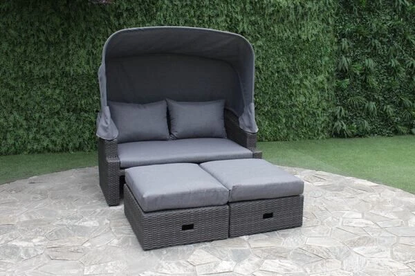 OUTFLEXX Fontana Loungebett, Grau, Polyrattan, Doppel-halbrund, Mit Unterschiebbaren Hockern, Dach Klappbar 3 OUTFLEXX Fontana Loungebett, Grau, Polyrattan, Doppel-halbrund, Mit Unterschiebbaren Hockern, Dach Klappbar