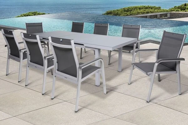 KETTLER BasicPlus Esstischgarnitur, Silber, Alu/Textilene, Tisch 180/240x100cm, 8 Stapelsessel 3 KETTLER BasicPlus Esstischgarnitur, Silber, Alu/Textilene, Tisch 180/240x100cm, 8 Stapelsessel