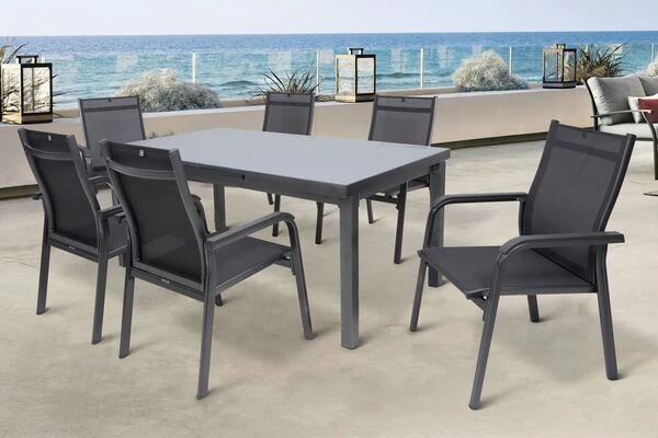 KETTLER BasicPlus Esstischgarnitur, Anthrazit, Alu/Textilene, Tisch 180/240x100cm, 6 Stapelsessel 3 KETTLER BasicPlus Esstischgarnitur, Anthrazit, Alu/Textilene, Tisch 180/240x100cm, 6 Stapelsessel