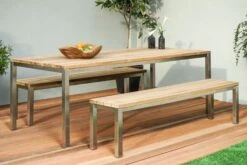 OUTFLEXX Esstischgarnitur, Edelstahl/recyceltes FSC-Teakholz, Tisch 180x90 Cm, 2 Bänke
