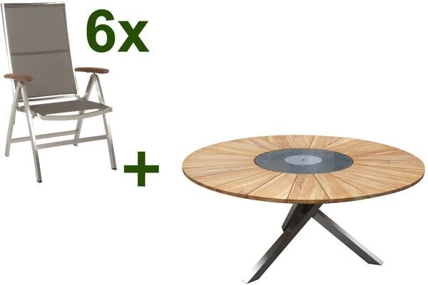 STERN Cardiff Esstischgruppe, Silber/taupe, Edelstahl/FSC-Teak, Tisch Ø 170 Cm, 6 Multipositionssessel 3 STERN Cardiff Esstischgruppe, Silber/taupe, Edelstahl/FSC-Teak, Tisch Ø 170 Cm, 6 Multipositionssessel