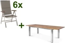 STERN Cardiff Esstischgruppe, Silber/taupe, Edelstahl/Teak, Tisch 200/260 X 100 Cm, 6 Multipositionssessel