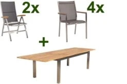 STERN Cardiff Set, Silber/silbergrau, Edelstahl/FSC-Teak, Tisch 220/340 X 100 Cm, 4 Stapel-, 2 Multipositionssessel