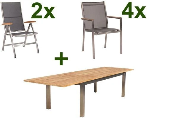 STERN Cardiff Set, Silber/silbergrau, Edelstahl/FSC-Teak, Tisch 220/340 X 100 Cm, 4 Stapel-, 2 Multipositionssessel 3 STERN Cardiff Set, Silber/silbergrau, Edelstahl/FSC-Teak, Tisch 220/340 X 100 Cm, 4 Stapel-, 2 Multipositionssessel