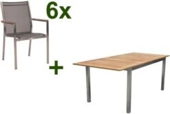 STERN Cardiff Esstischgruppe, Silber/silbergrau, Edelstahl/FSC-Teak, Tisch 150/200 X 90 Cm, 6 Stapelsessel