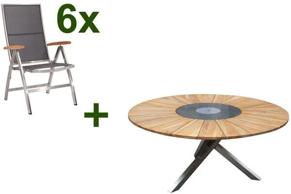 STERN Cardiff Esstischgruppe, Silber/silbergrau, Edelstahl/FSC-Teak, Tisch Ø 170 Cm, 6 Multipositionssessel 3 STERN Cardiff Esstischgruppe, Silber/silbergrau, Edelstahl/FSC-Teak, Tisch Ø 170 Cm, 6 Multipositionssessel