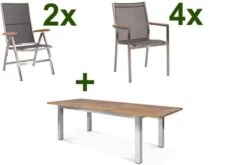 STERN Cardiff Esstischgruppe, Silber/silbergrau, Edelstahl/Teak, Tisch 200/260 X 100 Cm, 4 Stapel-, 2 Multipositionssessel
