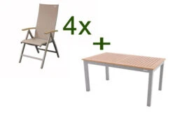 DOPPLER Expert Esstischgarnitur, Silber/Holzoptik/beige, Alu/Textilene, 4x Multipositionssessel, 150-210x90 Cm