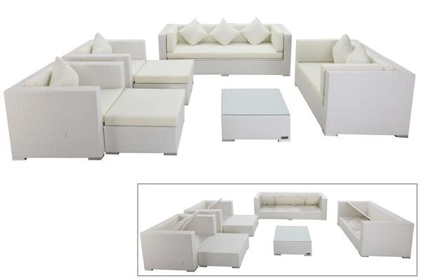 OUTFLEXX Loungemöbel-Set, Weiß, Polyrattan, Für 9 Personen, Inkl. Kaffeetisch, Wasserfeste Kissenbox 3 OUTFLEXX Loungemöbel-Set, Weiß, Polyrattan, Für 9 Personen, Inkl. Kaffeetisch, Wasserfeste Kissenbox