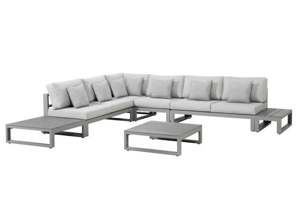 OUTFLEXX Willis Loungemöbel, Hellgrau, Alu/Holzimitat/Polyester, 5-6 Personen, Inkl. 2x Loungetisch, 1x Beistelltisch 4 OUTFLEXX Willis Loungemöbel, Hellgrau, Alu/Holzimitat/Polyester, 5-6 Personen, Inkl. 2x Loungetisch, 1x Beistelltisch – Bild 2