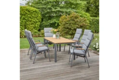 SIENA GARDEN Savona/Geneva Esstischgarnitur, Graphit/grau, Alu/Teak/Texfabric, Tisch 160x90 Cm, 6 Stapelsessel