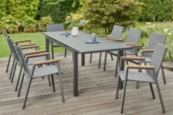 SIENA GARDEN Gomera II/Miros Esstischgarnitur, Matt Graphit/grau, Alu/Teak/Spraystone/Texfabric, Tisch 180/240x90 Cm, 8 Stapelsessel