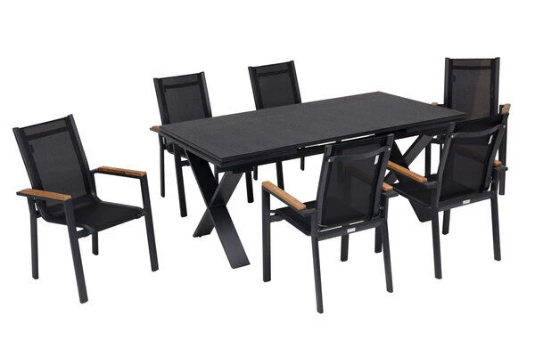 OUTFLEXX Esstischgarnitur, OUTFLEXX® Anthrazit Matt, Alu / Spraystone / Teak, Tisch 180/280x100cm, 6 Stapelsessel 19 OUTFLEXX Esstischgarnitur, OUTFLEXX® Anthrazit Matt, Alu / Spraystone / Teak, Tisch 180/280x100cm, 6 Stapelsessel – Bild 17