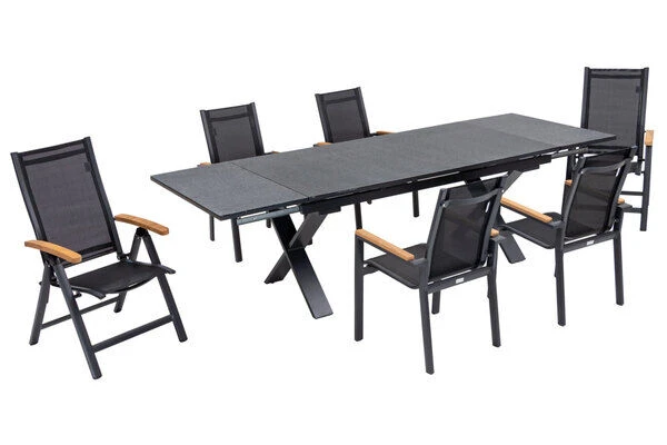 OUTFLEXX Esstischgarnitur, OUTFLEXX® Anthrazit Matt, Alu / Spraystone / Teak, Tisch 180/280x100cm, 4 Stapelsessel, 2 Multipo 4 OUTFLEXX Esstischgarnitur, OUTFLEXX® Anthrazit Matt, Alu / Spraystone / Teak, Tisch 180/280x100cm, 4 Stapelsessel, 2 Multipo – Bild 2