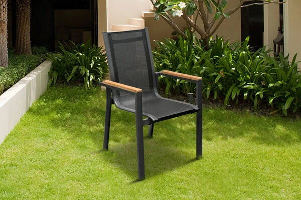 OUTFLEXX Esstischgarnitur, OUTFLEXX® Anthrazit Matt, Alu /HPL / Teak, Tisch 180/280x100cm, 10 Stapelsessel 5 OUTFLEXX Esstischgarnitur, OUTFLEXX® Anthrazit Matt, Alu /HPL / Teak, Tisch 180/280x100cm, 10 Stapelsessel – Bild 3