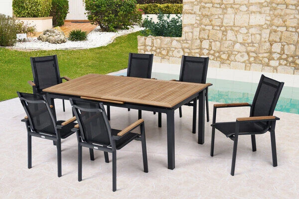 OUTFLEXX Esstischgarnitur, OUTFLEXX® Anthrazit Matt, Alu / Teak / Textil, Tisch 180/240x100cm, 6 Stapelsessel 3 OUTFLEXX Esstischgarnitur, OUTFLEXX® Anthrazit Matt, Alu / Teak / Textil, Tisch 180/240x100cm, 6 Stapelsessel