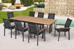 OUTFLEXX Esstischgarnitur, OUTFLEXX® Anthrazit Matt, Alu / Teak / Textil, Tisch 180/240x100cm, 8 Stapelsessel