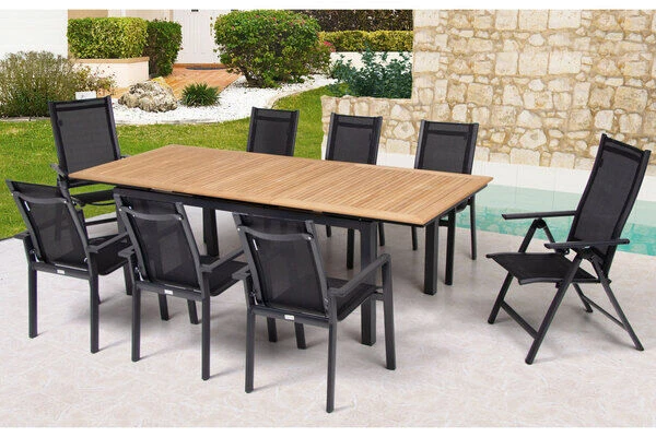 OUTFLEXX Esstischgarnitur, OUTFLEXX® Anthrazit Matt, Alu / Teak / Textil, Ausziehtisch 180/240x100cm, 6 Stapelsessel, 2 Multipo 3 OUTFLEXX Esstischgarnitur, OUTFLEXX® Anthrazit Matt, Alu / Teak / Textil, Ausziehtisch 180/240x100cm, 6 Stapelsessel, 2 Multipo