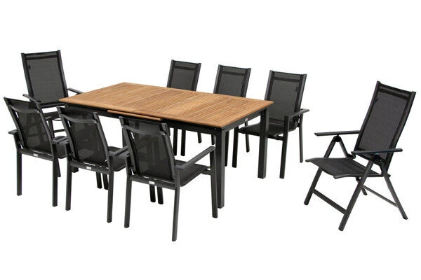 OUTFLEXX Esstischgarnitur, OUTFLEXX® Anthrazit Matt, Alu / Teak / Textil, Ausziehtisch 180/240x100cm, 6 Stapelsessel, 2 Multipo 4 OUTFLEXX Esstischgarnitur, OUTFLEXX® Anthrazit Matt, Alu / Teak / Textil, Ausziehtisch 180/240x100cm, 6 Stapelsessel, 2 Multipo – Bild 2