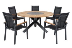 OUTFLEXX Esstischgarnitur, OUTFLEXX® Anthrazit Matt, Alu / Teak / Textil, Esstisch Ø 150 Cm, 5 Stapelstühle -Gartenladen 22201 2.jpg