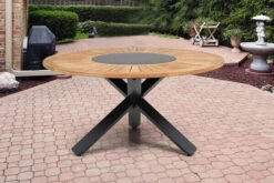 OUTFLEXX Esstischgarnitur, OUTFLEXX® Anthrazit Matt, Alu / Teak / Textil, Esstisch Ø 150 Cm, 5 Stapelstühle -Gartenladen 22201 4.jpg