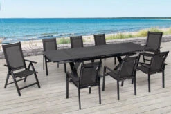 OUTFLEXX Esstischgarnitur, Anthrazit, Alu / Keramik / Textil, 180/280x100cm, 2 Multipo, 6 Stapelsessel