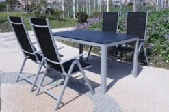 VILLANA Esstischgarnitur, Silber/schwarz, Alu/Holzimitat/Textil, Tisch 150x90cm, 4 Multipositionssessel