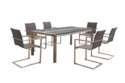 OUTFLEXX Esstischgarnitur, Silber/taupe, Edelstahl/Granit/Textilene, 200x100 Cm, 6 Freischwinger, Padded, Teakarmlehnen