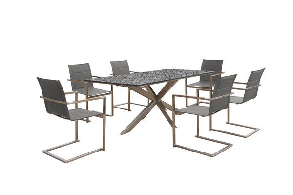 OUTFLEXX Esstischgarnitur, Silber, Edelstahl/Granit/Textilene, 200x100 Cm, 6 Freischwinger, Padded, Armlehnen Aus FSC-Teak 3 OUTFLEXX Esstischgarnitur, Silber, Edelstahl/Granit/Textilene, 200x100 Cm, 6 Freischwinger, Padded, Armlehnen Aus FSC-Teak