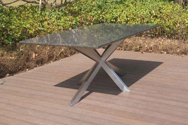 OUTFLEXX Esstischgarnitur, Silber, Edelstahl/Granit/Textilene, 200x100 Cm, 6 Freischwinger, Padded, Armlehnen Aus FSC-Teak 6 OUTFLEXX Esstischgarnitur, Silber, Edelstahl/Granit/Textilene, 200x100 Cm, 6 Freischwinger, Padded, Armlehnen Aus FSC-Teak – Bild 4