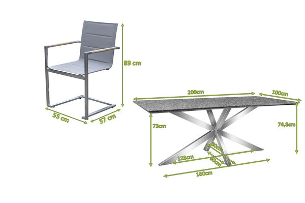OUTFLEXX Esstischgarnitur, Silber, Edelstahl/Granit/Textilene, 200x100 Cm, 6 Freischwinger, Padded, Armlehnen Aus FSC-Teak 7 OUTFLEXX Esstischgarnitur, Silber, Edelstahl/Granit/Textilene, 200x100 Cm, 6 Freischwinger, Padded, Armlehnen Aus FSC-Teak – Bild 5