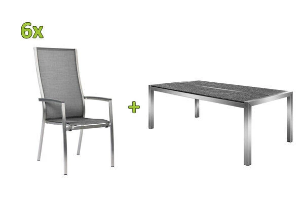 STERN Esstischgarnitur, Silbergrau/grau, Edelstahl/Textilene, Tisch 200 X 100 Cm, 2 Teilige Tischplatte, 6 Stapelsessel, Hohe Rückenlehne 3 STERN Esstischgarnitur, Silbergrau/grau, Edelstahl/Textilene, Tisch 200 X 100 Cm, 2 Teilige Tischplatte, 6 Stapelsessel, Hohe Rückenlehne