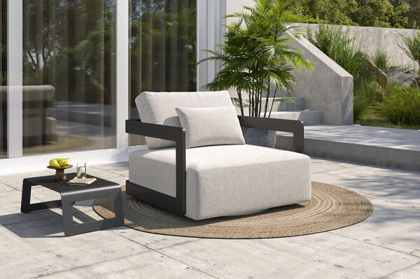 OUTFLEXX Roku Sessel, Schwarz, Alu/Agora Senda, 102 X 100 X 61cm, Drehbar, Inkl. Kissen 4 OUTFLEXX Roku Sessel, Schwarz, Alu/Agora Senda, 102 X 100 X 61cm, Drehbar, Inkl. Kissen – Bild 2