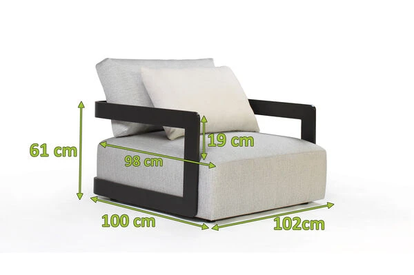 OUTFLEXX Roku Sessel, Schwarz, Alu/Agora Senda, 102 X 100 X 61cm, Drehbar, Inkl. Kissen 5 OUTFLEXX Roku Sessel, Schwarz, Alu/Agora Senda, 102 X 100 X 61cm, Drehbar, Inkl. Kissen – Bild 3