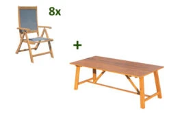 OUTFLEXX Esstischgarnitur, Natur/grau, FSC-Akazienholz/Textilene, 220x100 Cm, 8 Multipositionssessel, Geölt