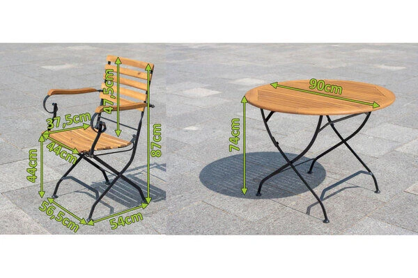 OUTFLEXX Sitzgruppe, Natur/schwarz, Stahl/FSC-Akazienholz, Ø 90 Cm, 2 Klappstühle Mit Armlehnen, Pulverbeschichtet, Geölt 7 OUTFLEXX Sitzgruppe, Natur/schwarz, Stahl/FSC-Akazienholz, Ø 90 Cm, 2 Klappstühle Mit Armlehnen, Pulverbeschichtet, Geölt – Bild 5