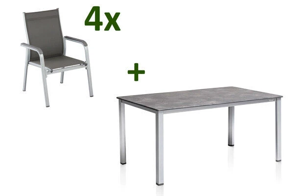 KETTLER Cubic/Basic Plus Esstischgarnitur, Silber/anthrazit, Alu/Textilene, Tisch 160x90 Cm, 4 Stapelsessel 3 KETTLER Cubic/Basic Plus Esstischgarnitur, Silber/anthrazit, Alu/Textilene, Tisch 160x90 Cm, 4 Stapelsessel