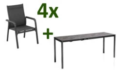 KETTLER Cubic/Basic Plus Esstischgarnitur, Anthrazit, Alu/HPL/Textilene, 140/210x70 Cm, 4 Stapelsessel